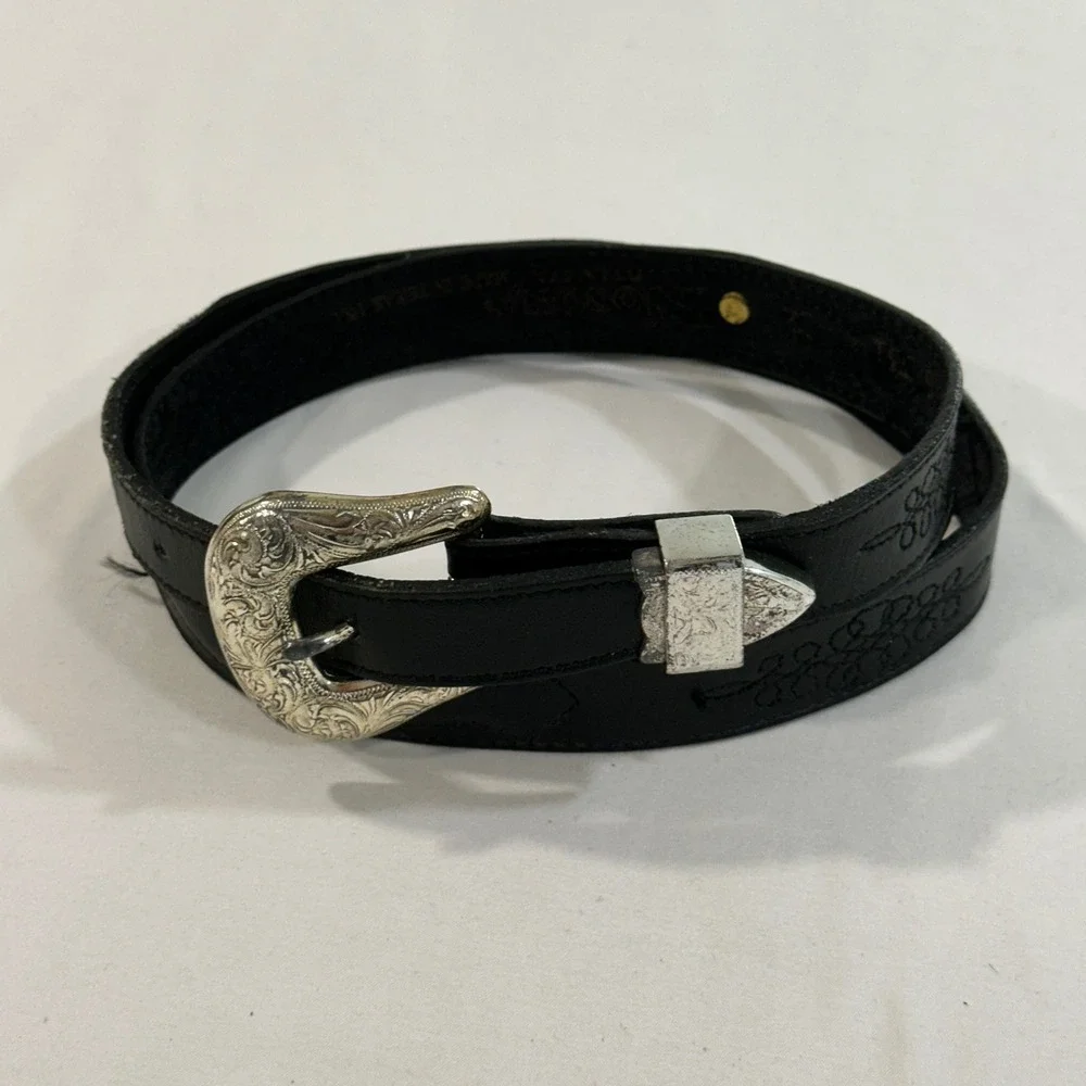 Nocona Mens Leather Western Belt 32 Black Engraved Silver Buckle USA G331